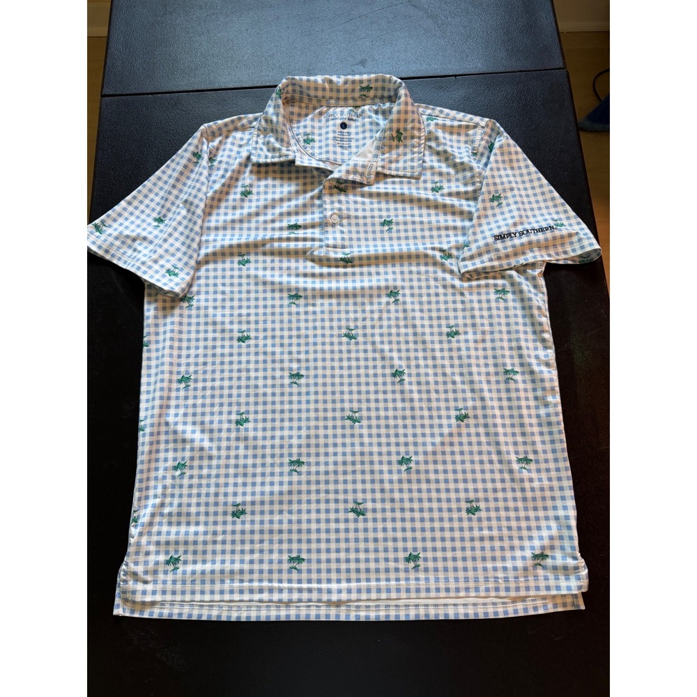 Simply Southern Mens Gingham Palm Tree Performance Polo Shirt Blue White Large